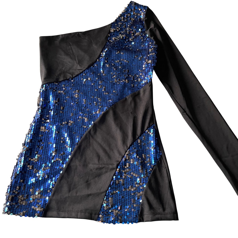 Alexandra Collection One Shoulder Tunic Girls Large Blue Sequin Dance Costume